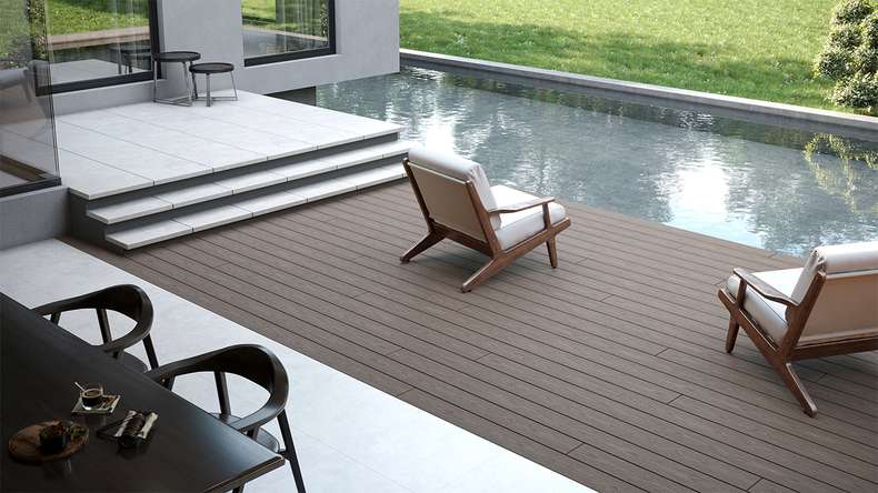 planeo CoEXWood WPC tavola con rivestimento solido - Grigio antracite/grigio-grigio 4.2m strutturato