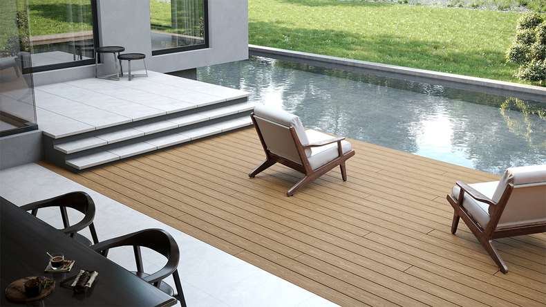 planeo CoEXWood WPC set completo di listoni massicci 3m (29,11m²) - finitura sabbia/caramello