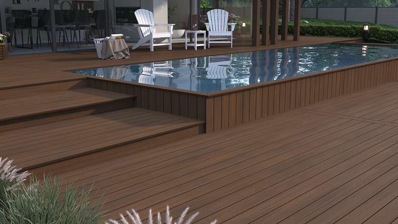 planeo WOODLine Nature - Pannello per decking rivestito in WPC CoEx a camera cava - Ipe Brown 3m strutturato/liscio spazzolato