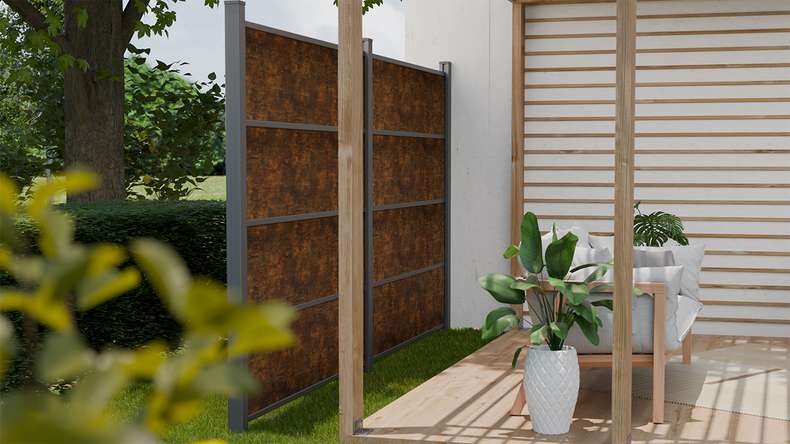 planeo Gardence Resistant - recinzione a innesto in HPL effetto ruggine 180 x 183 cm