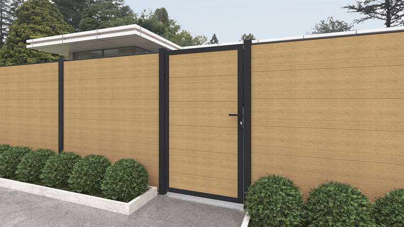 planeo INFINITY XL-Board - WPC CoEx sabbia universale per porte con telaio in alluminio antracite 100 x 180