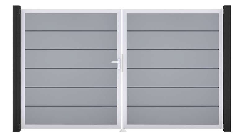planeo Gardence Simply Premium - Cancello in PVC a 2 ante, grigio argento con telaio in alluminio, 300 x 180 cm
