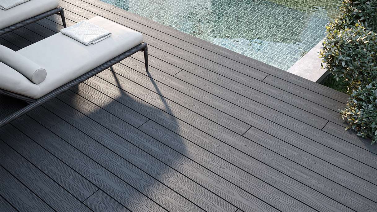 planeo CoEXWood WPC decking set completo di tavole massicce - cemento grigio/testurizzato