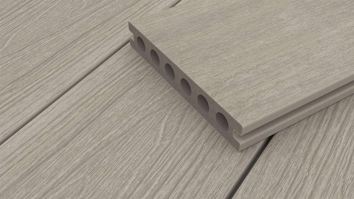 planeo WOODLine Nature - Pannello per decking rivestito in WPC CoEx a camera cava - grigio chiaro 3m strutturato/liscio spazzolato
