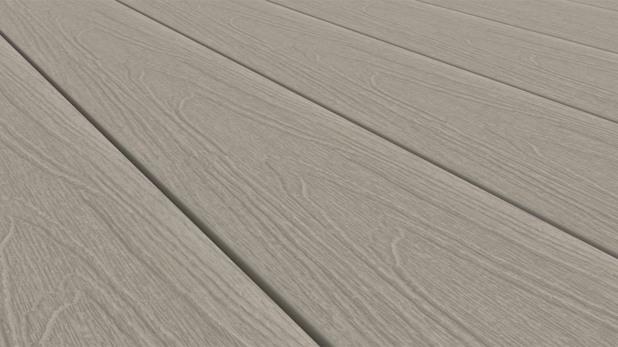 planeo WOODLine Nature - Pannello per decking rivestito in WPC CoEx a camera cava - grigio chiaro 3m strutturato/liscio spazzolato