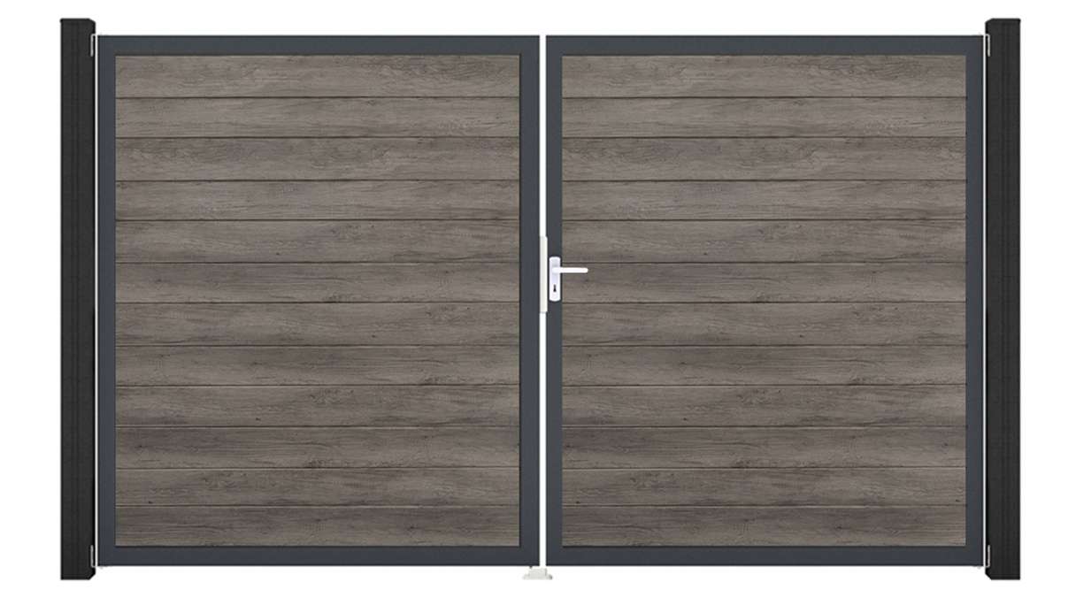 planeo Gardence Simply Small - Cancello in PVC a 2 ante, finitura Monument Oak con telaio in alluminio, 300 x 180 cm