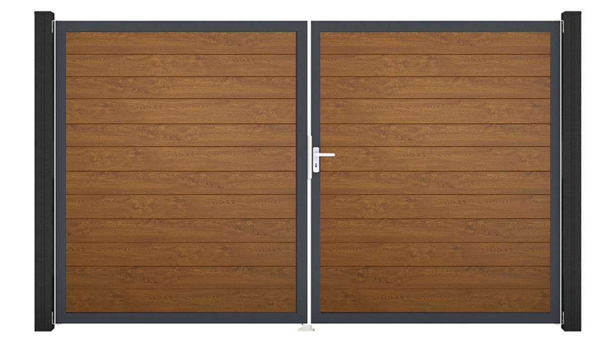 planeo Gardence Simply Small - Cancello in PVC a 2 ante, colore Golden Oak, con telaio in alluminio, 300 x 180 cm