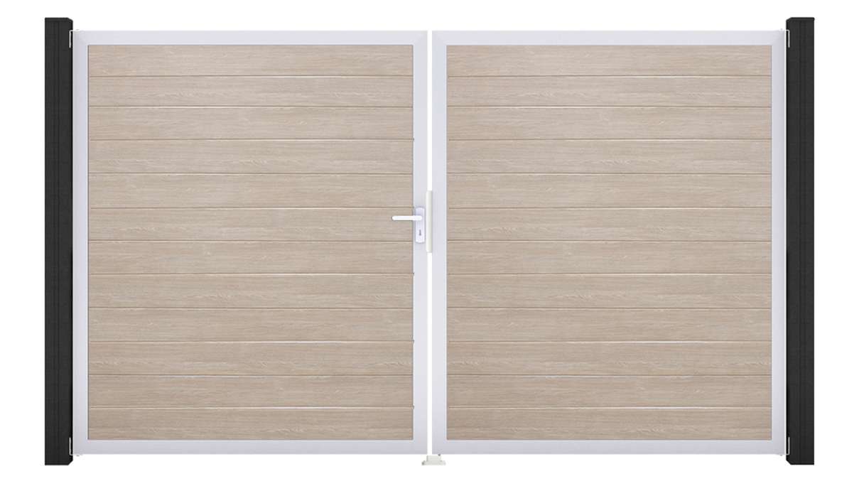 planeo Gardence Simply Small - Cancello in PVC a 2 ante, modello Sheffield Oak con telaio in alluminio, 300 x 180 cm