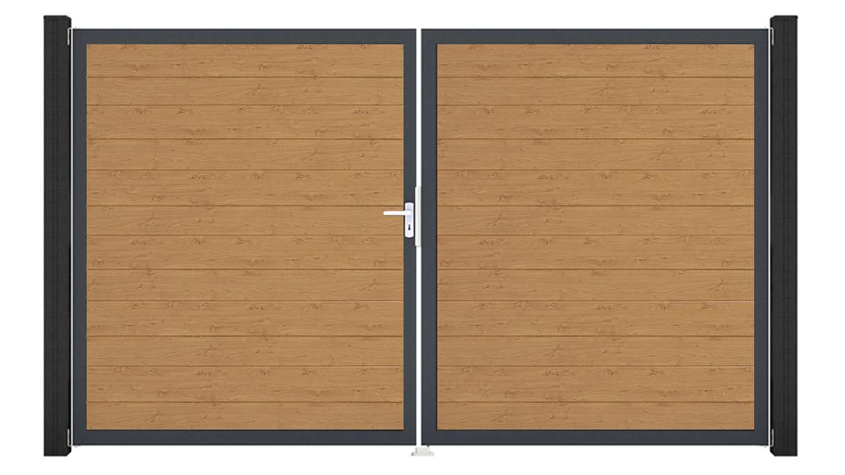 planeo Gardence Simply Small - Cancello in PVC a 2 ante, finitura rovere naturale con telaio in alluminio, 300 x 180 cm