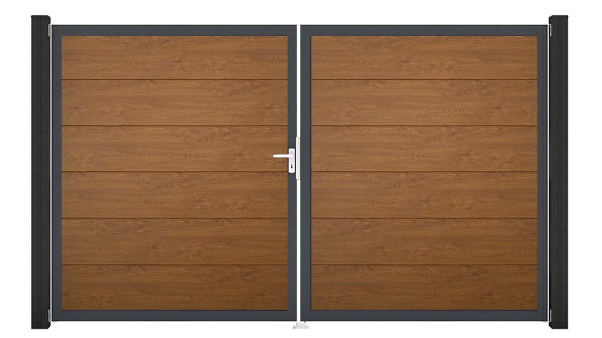 planeo Gardence Simply - Cancello in PVC a due ante, colore Golden Oak, con telaio in alluminio