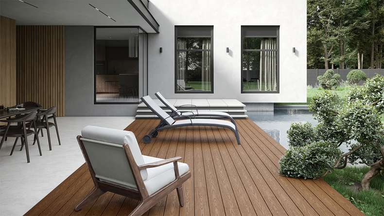 planeo CoEXWood WPC set completo di listoni massicci 3,6 m (6,35 m²) - finitura sabbia/caramello