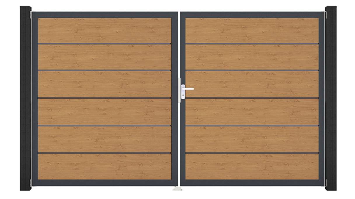 planeo Gardence Simply Premium - Cancello in PVC a 2 ante, rovere nodoso naturale con telaio in alluminio, 300 x 180 cm