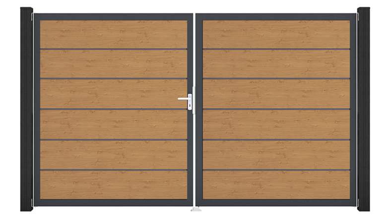 planeo Gardence Simply Premium - Porta in PVC - DIN sinistra a 2 ante in rovere nodoso naturale con telaio in alluminio antracite | DB703 300 x 180 cm