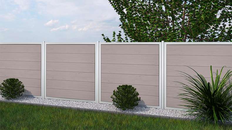 planeo Gardence Guard - Recinzione in BPC quadrata Bicolore Sabbia con telaio in alluminio in argento