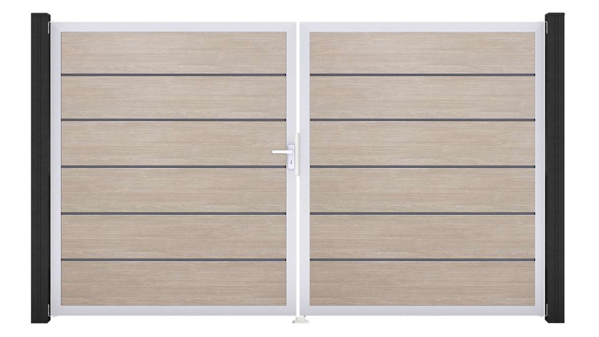 planeo Gardence Simply Premium - Cancello in PVC a due ante Sheffield Oak con telaio in alluminio 300 x 180 cm