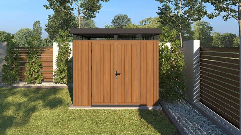 planeo WPC CoEx Casetta da giardino con tetto piano M - Teak birmano 250 x 250 x 226,5 cm