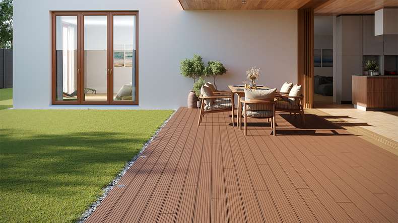 planeo LineWood WPC Pannello per decking solido - Marrone chiaro 3,60m scanalato/scanalato