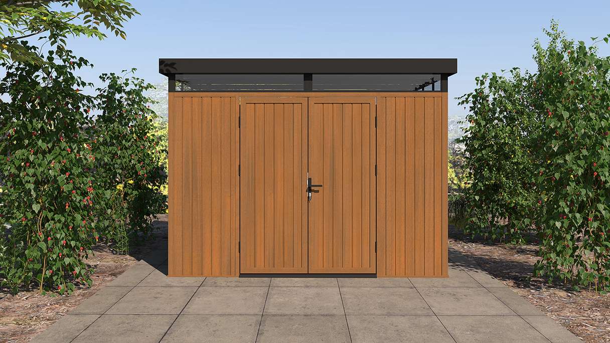 planeo WPC CoEx Casetta da giardino con tetto piano L - Teak birmano 300 x 292 x 226,5 cm