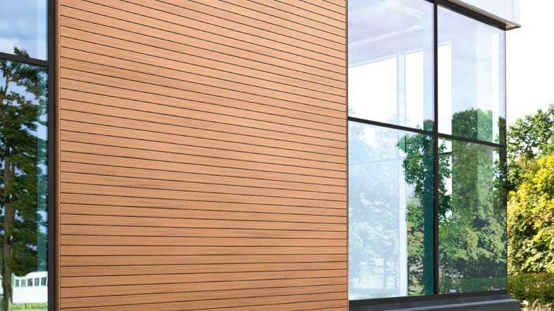 planeo Fassado - WPC rivestimento facciata a fasce romboidali in rovere marrone