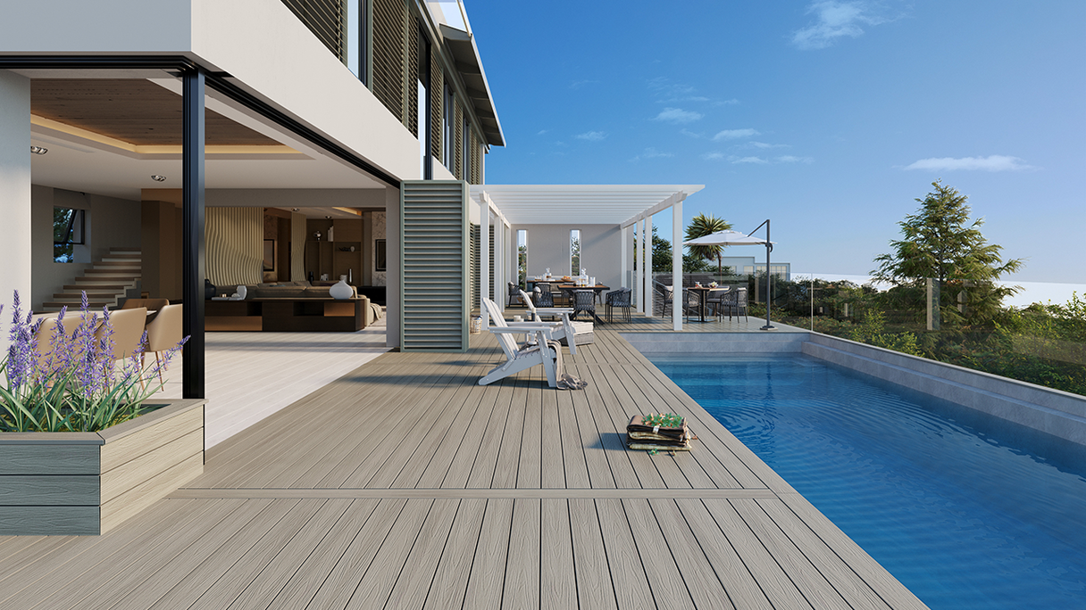 planeo UNIDeck - Listello per terrazza rivestito in WPC CoEx, grigio chiaro, 3 m - strutturato/liscio spazzolato