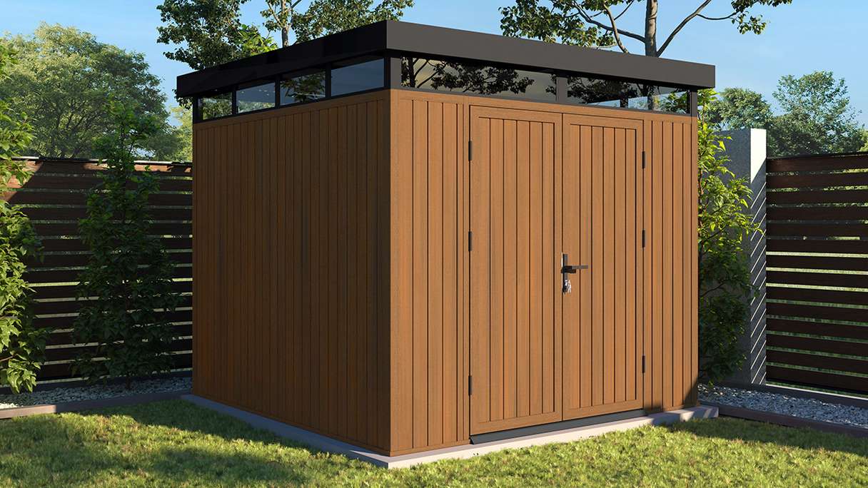 planeo WPC CoEx Casetta da giardino con tetto piano M - Teak birmano 250 x 250 x 226,5 cm