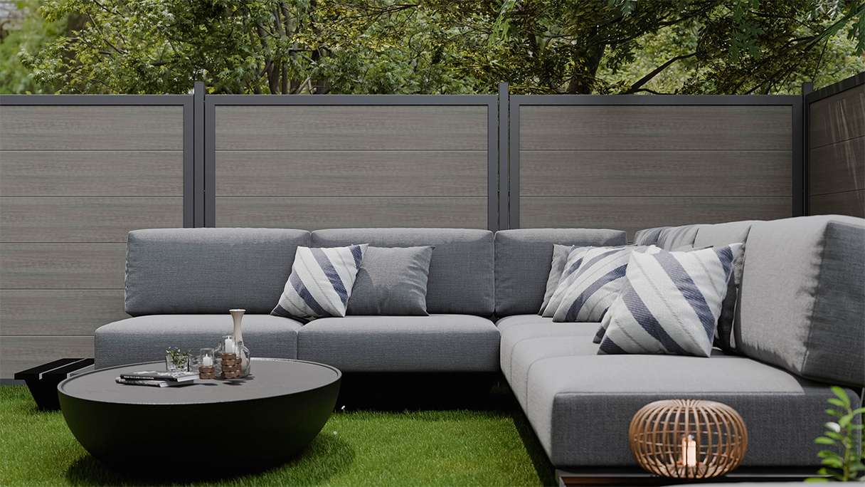 planeo Gardence Simply Guard - recinzione da giardino in PVC Monument Oak con telaio in alluminio antracite 180 x 180 cm