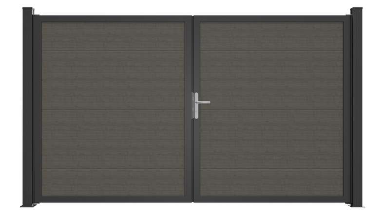 planeo Gardence Simply Guard - Cancello in PVC - a due ante, modello Grey Ash Cut con telaio in alluminio, 300 x 180 cm