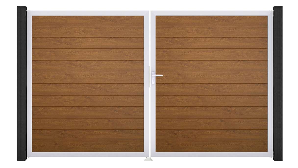 planeo Gardence Simply Small - Cancello in PVC a 2 ante, colore Golden Oak, con telaio in alluminio, 300 x 180 cm