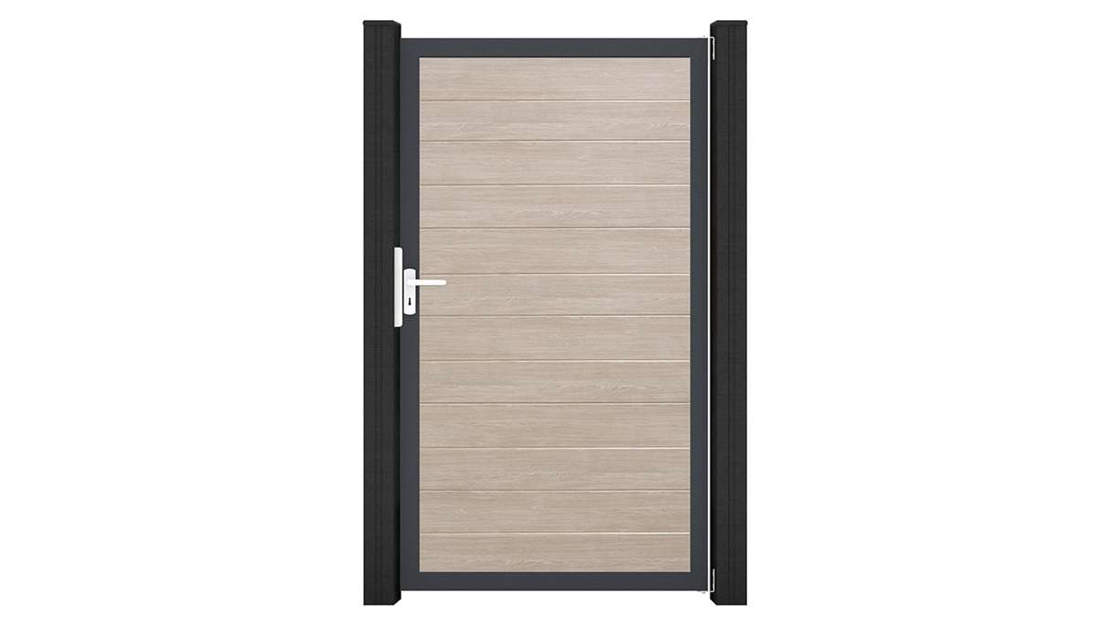planeo Gardence Simply Small - Cancello universale in PVC Sheffield Oak con telaio in alluminio 100 x 180 cm