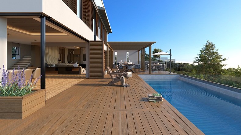 planeo UNIDeck - Doghe per terrazza rivestite in WPC CoEx, teak birmano, 3 m - strutturate/spazzolate lisce