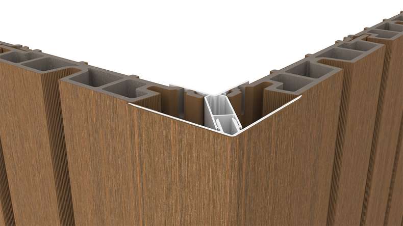 planeo LINEA - Profilo angolare esterno in alluminio CoEx, finitura teak birmano, 3000 x 66 x 66 mm