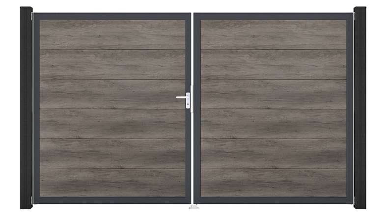 planeo Gardence Simply Guard - Porta in PVC - DIN sinistra a 2 ante Monument Oak con telaio in alluminio antracite | DB703 300 x 180 cm