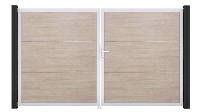 planeo Gardence Simply - Cancello in PVC a 2 ante Sheffield Oak con telaio in alluminio