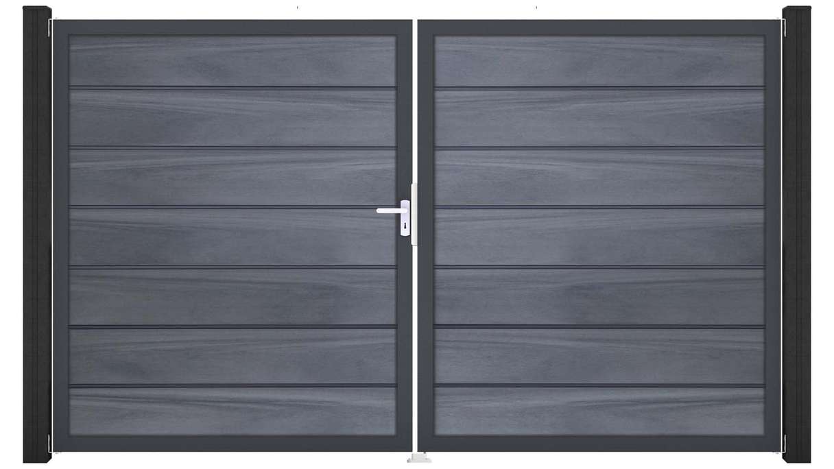 planeo Gardence Deluxe - Cancello BPC - a 2 ante, grigio pietra, co-ex con telaio in alluminio