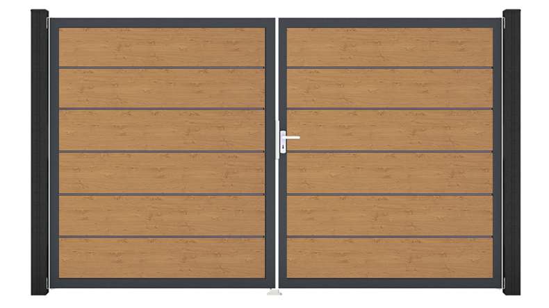 planeo Gardence Simply Premium - Cancello in PVC a 2 ante, rovere nodoso naturale con telaio in alluminio, 300 x 180 cm