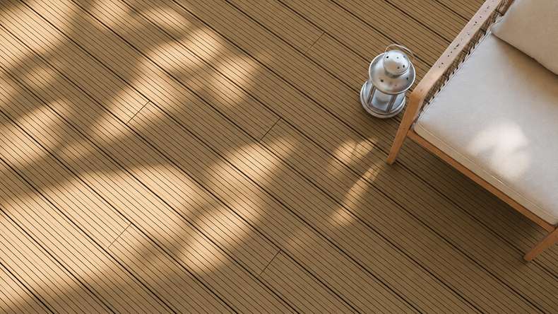 planeo LineWood WPC - Doghe per terrazze massicce - Marrone terra 3 m con scanalature e incastri