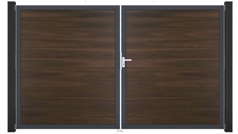 planeo Gardence Strong - Cancello BPC - a 2 ante, noce co-ex con telaio in alluminio