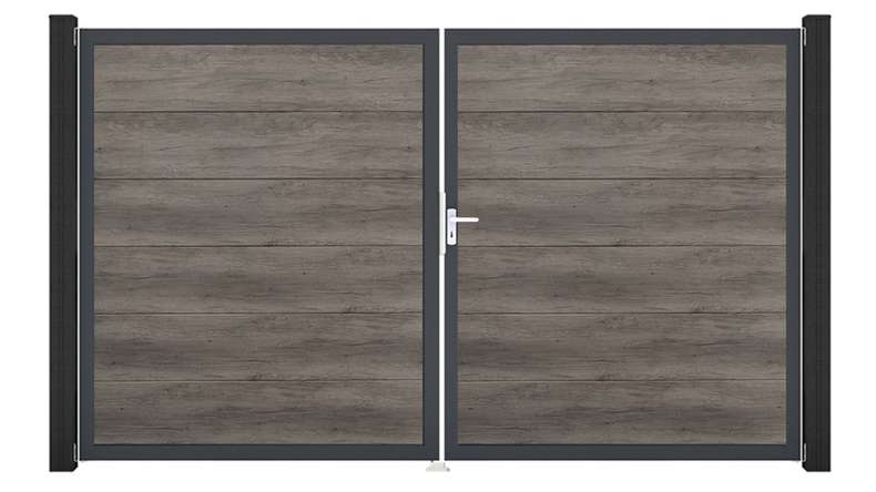 planeo Gardence Simply Guard - Cancello in PVC - a due ante, colore Monument Oak con telaio in alluminio, 300 x 180 cm