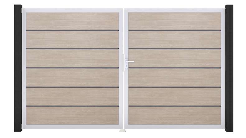 planeo Gardence Simply Premium - Porta in PVC - DIN destra Rovere Sheffield a 2 ante con telaio in alluminio argento | EV1 300 x 180 cm