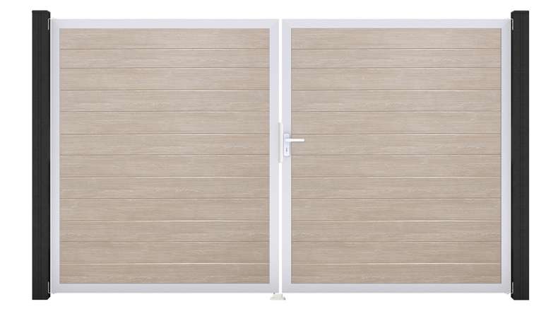 planeo Gardence Simply Small - Cancello in PVC a 2 ante, modello Sheffield Oak con telaio in alluminio, 300 x 180 cm