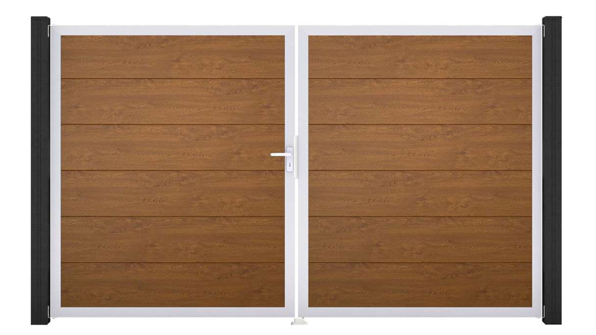 planeo Gardence Simply - Cancello in PVC a due ante, colore Golden Oak, con telaio in alluminio