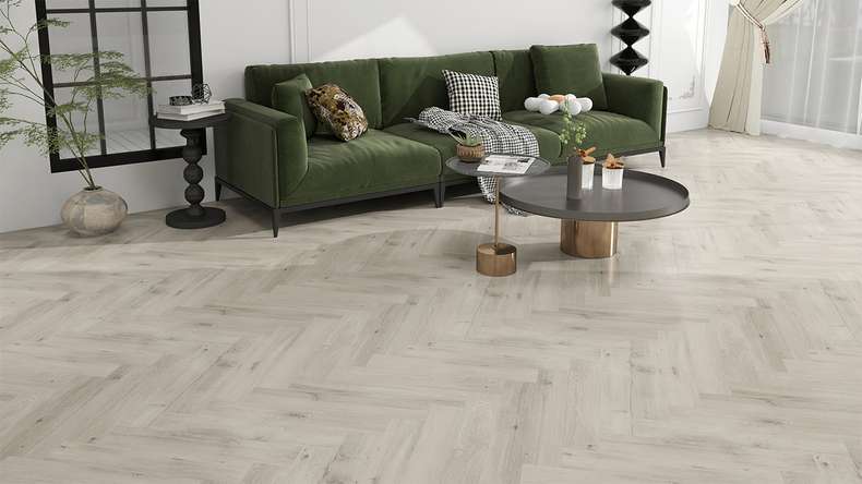 planeo Vinile rigido Klick - SolutionX 2in1 Rovere a spina di pesce Grigio chiaro | Isolamento acustico integrato (ECF-HB-3855)