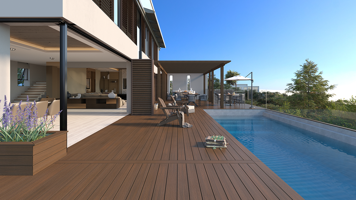 planeo UNIDeck - Doghe per terrazza rivestite in WPC CoEx, Ipe marrone, 3 m - strutturate/liscie spazzolate