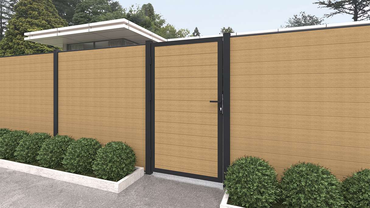 planeo INFINITY - Porta universale WPC CoEx sabbia con telaio in alluminio antracite 100 x 180 cm
