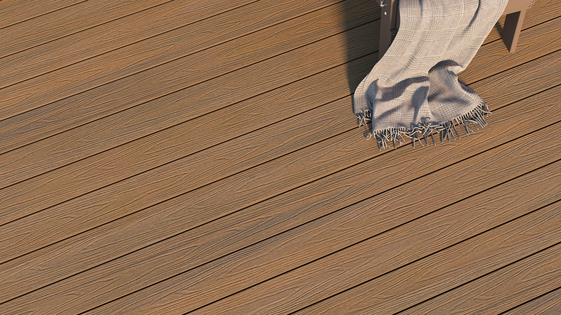 planeo UNIDeck - Doghe per terrazza rivestite in WPC CoEx, teak birmano, 3 m - strutturate/spazzolate lisce