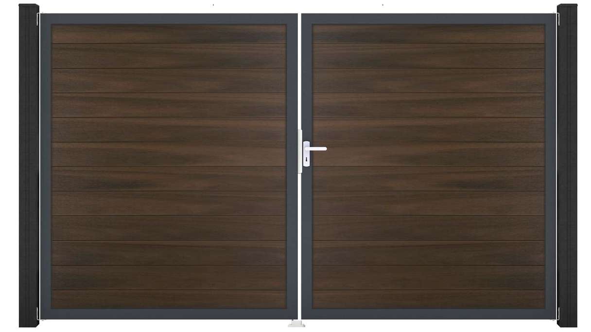 planeo Gardence Strong - Cancello BPC - a 2 ante, noce co-ex con telaio in alluminio
