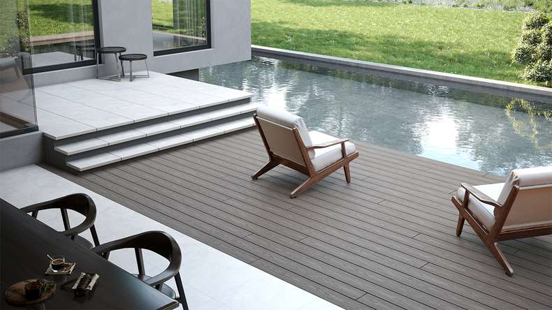 planeo CoEXWood WPC set completo di listoni massicci - grigio antracite/grigio strutturato