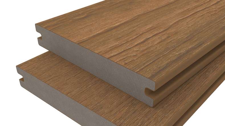 planeo ANTIKWoodline - Doghe per terrazza rivestite in WPC CoEx, doghe massicce - Teak birmano 3 m - rustico/spazzolato liscio
