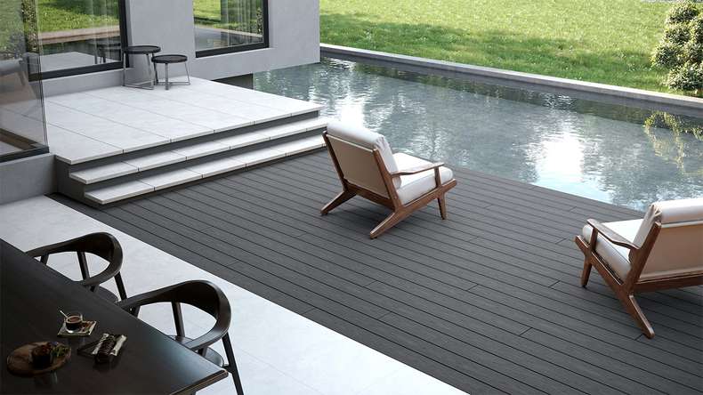 planeo CoEXWood WPC tavola con rivestimento solido - Grigio antracite/Grigio-marrone 3m strutturato