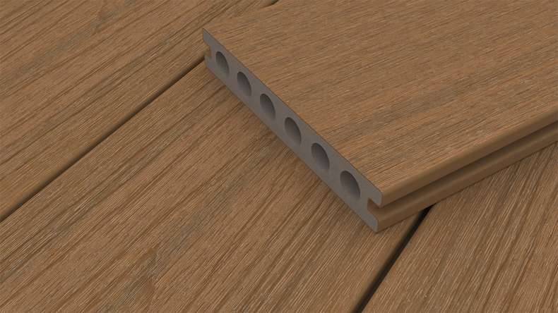 planeo WOODLine Nature - Pannello per decking rivestito in WPC CoEx a camera cava - Burma teak 3m strutturato/liscio spazzolato